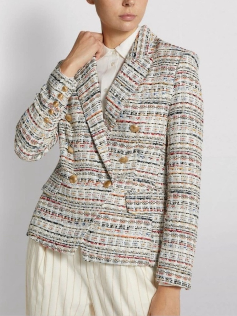 L'AGENCE Multicolor Tweed Double-Breasted Blazer